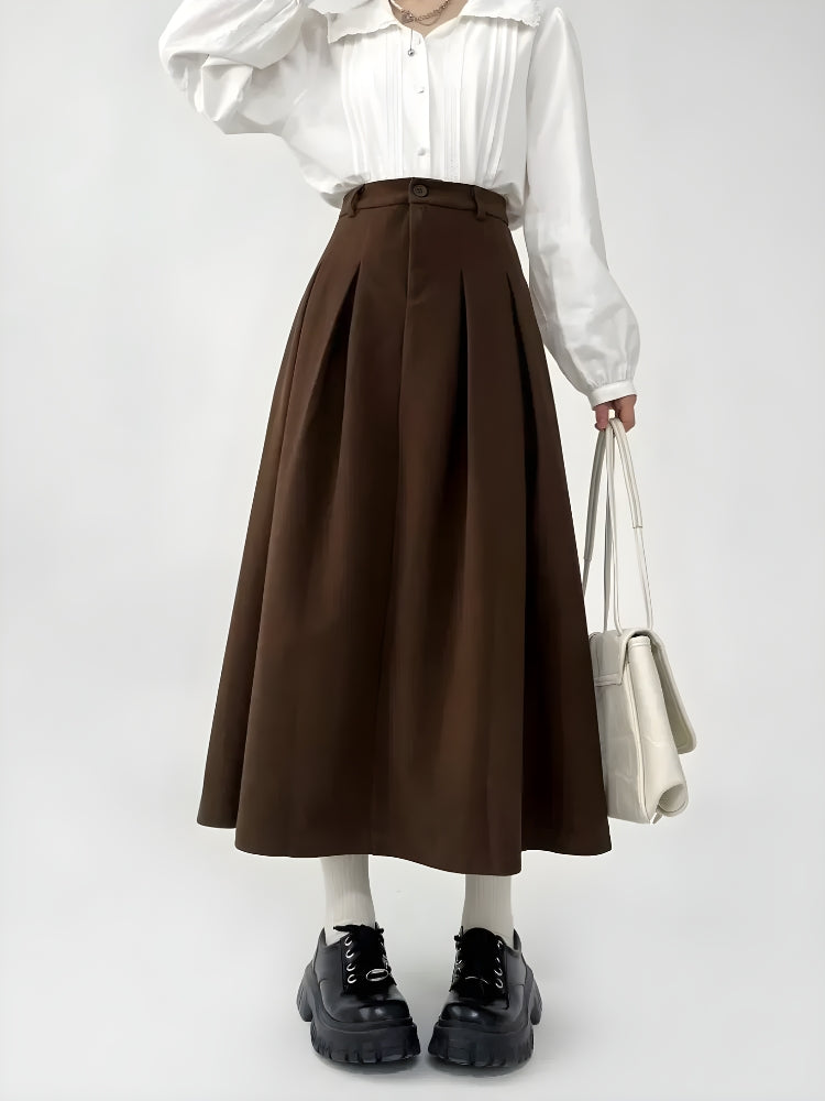 Elegant Dark Academia Pleated Midi Skirt for Timeless Style