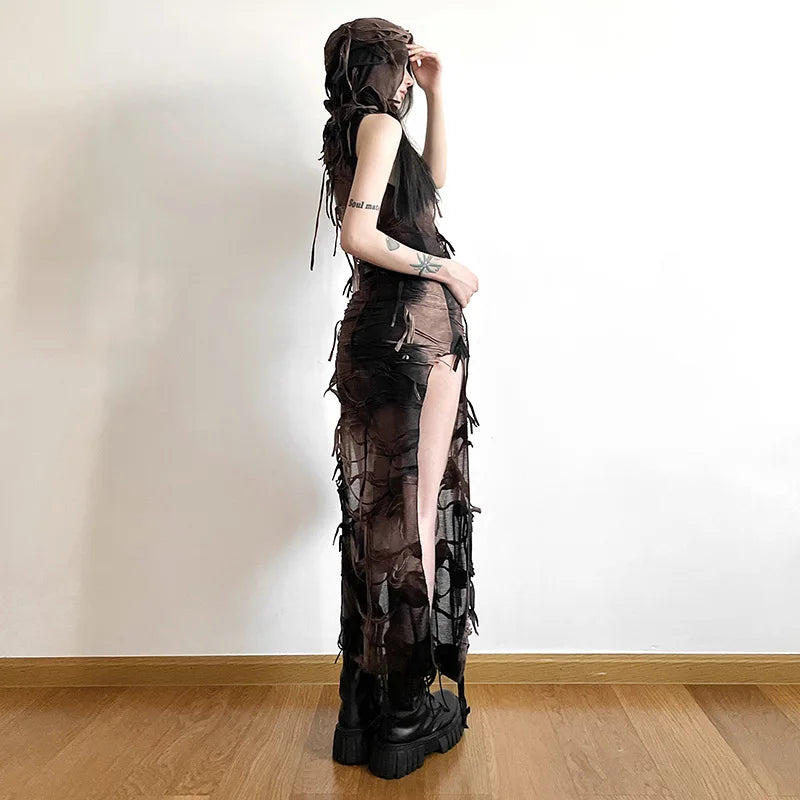 Distressed Sheer Maxi Dress