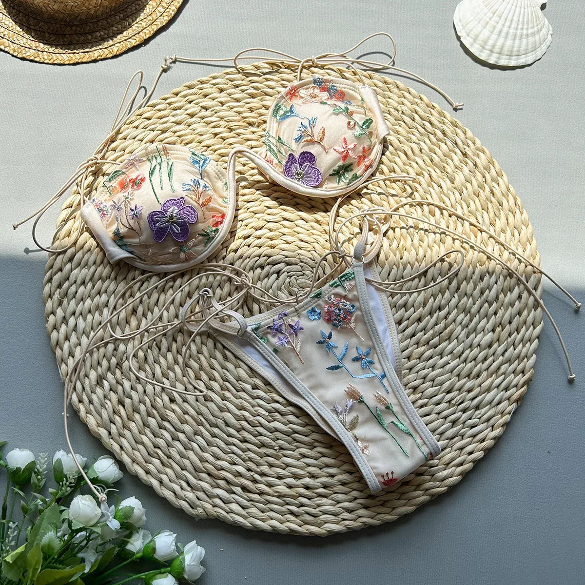 Embroidered Floral Bikini Set