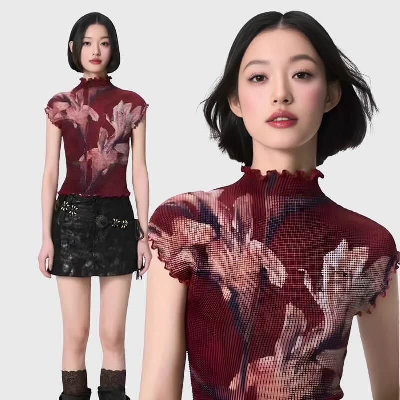 Floral Mesh High Neck Top