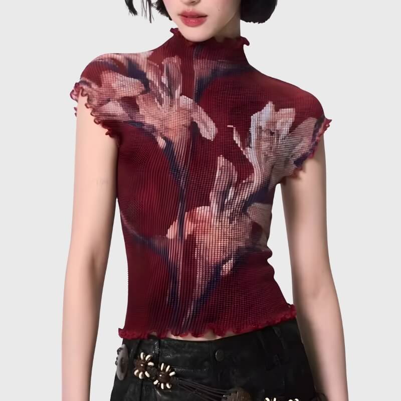 Floral Mesh High Neck Top