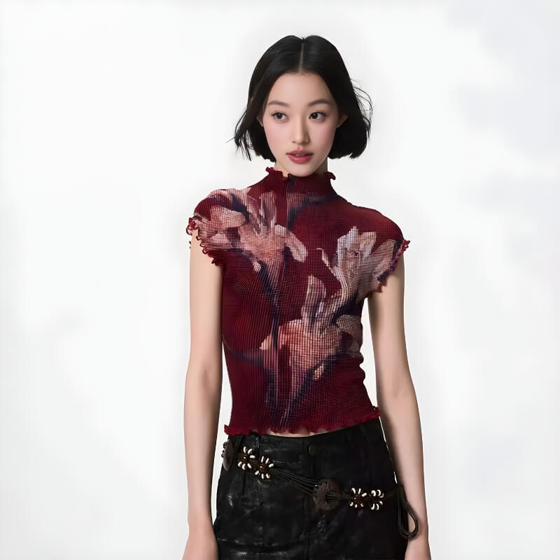 Floral Mesh High Neck Top