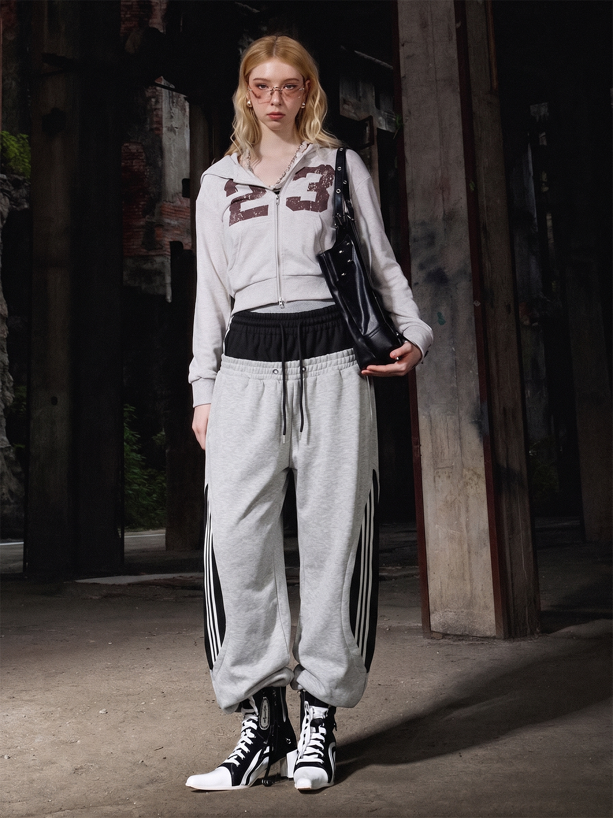 Layered Double-Waistband Wide-Leg Sweatpants; Flower Ash / S, Flower Ash / M, Flower Ash / L, Flower Ash / XL, Flower Ash / 2XL