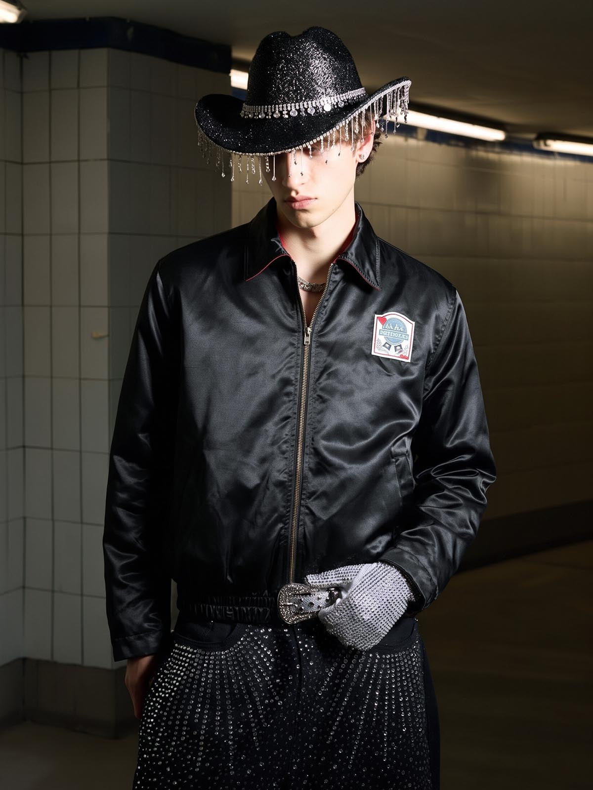 Street Badge Embroidered Lapel Jacket; Black / M, Black / L, Black / XL