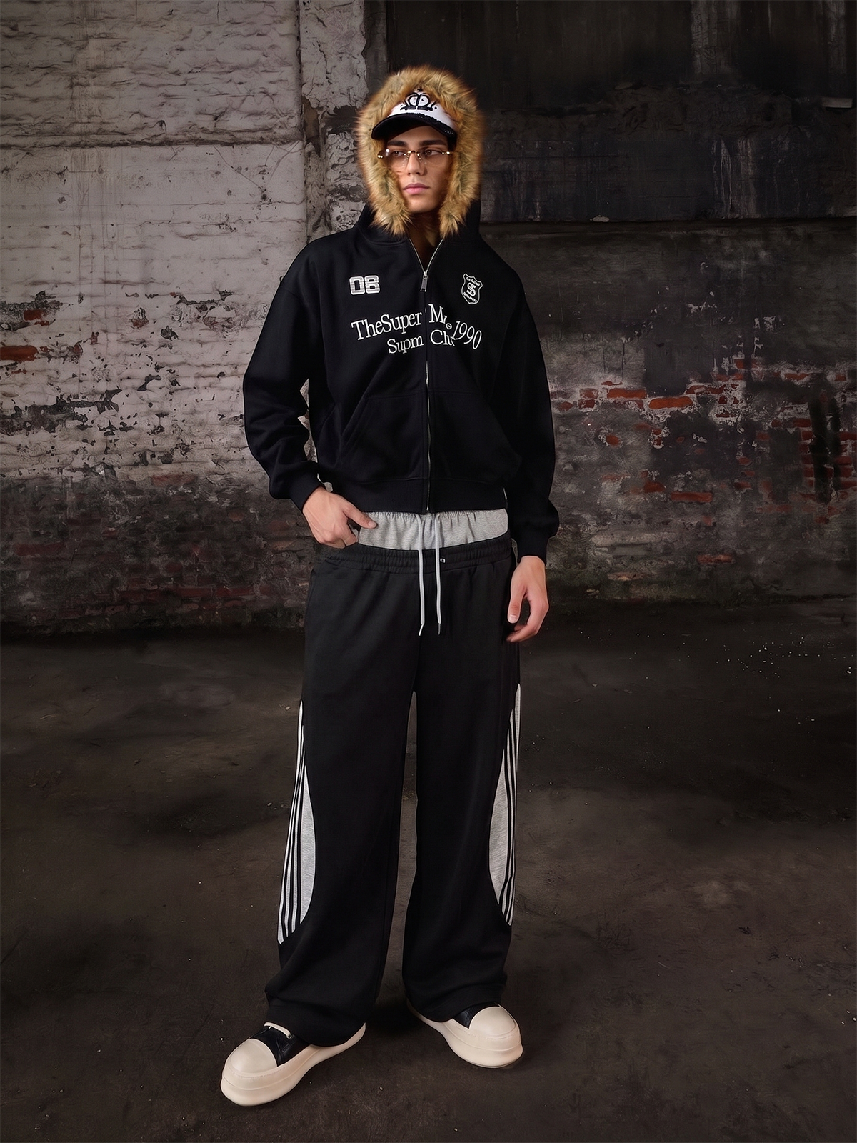Layered Double-Waistband Wide-Leg Sweatpants; Black / S, Black / M, Black / L, Black / XL, Black / 2XL