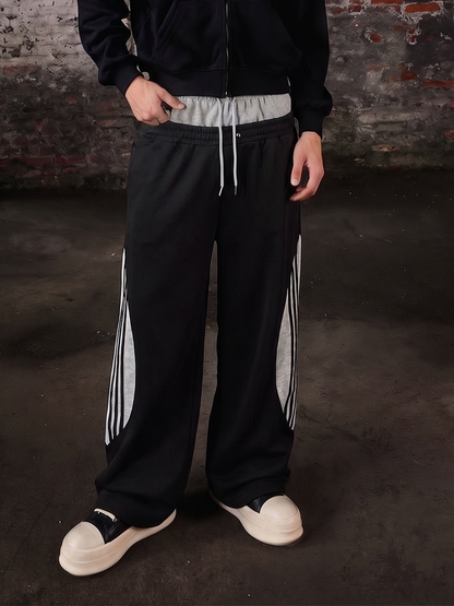 Layered Double-Waistband Wide-Leg Sweatpants; Black / S, Black / M, Black / L, Black / XL, Black / 2XL