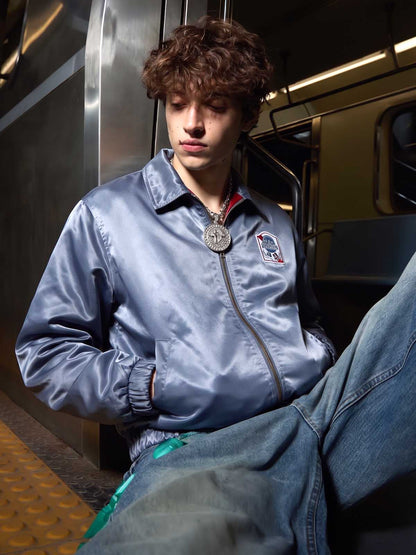 Street Badge Embroidered Lapel Jacket; Gray Blue / M, Gray Blue / L, Gray Blue / XL