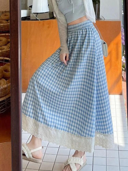 Gingham Lace Trim Midi Skirt