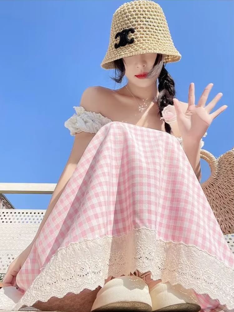 Gingham Lace Trim Midi Skirt