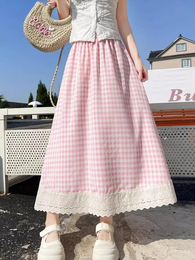 Gingham Lace Trim Midi Skirt