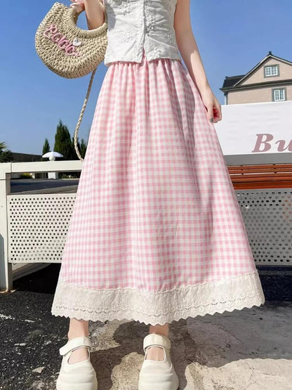 Gingham Lace Trim Midi Skirt