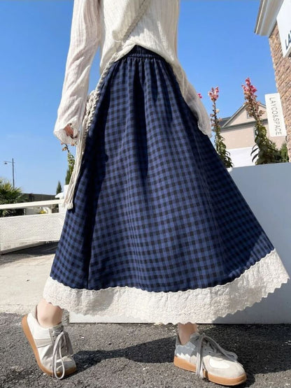 Gingham Lace Trim Midi Skirt