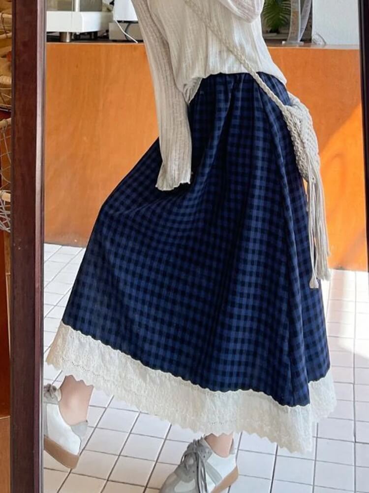 Gingham Lace Trim Midi Skirt