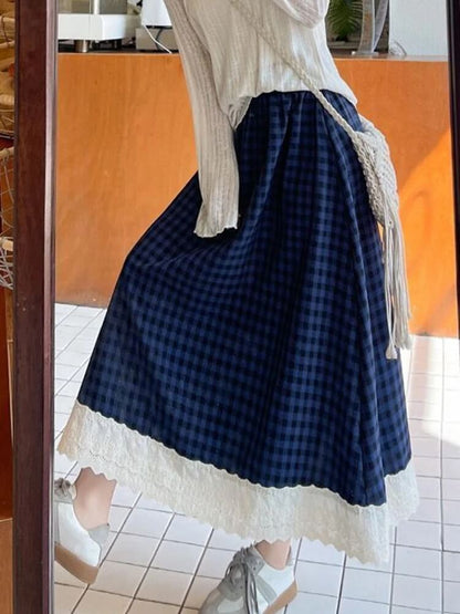 Gingham Lace Trim Midi Skirt