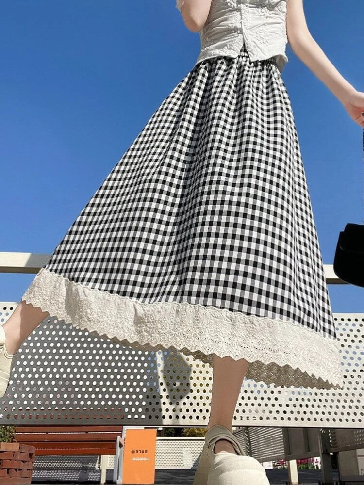 Gingham Lace Trim Midi Skirt