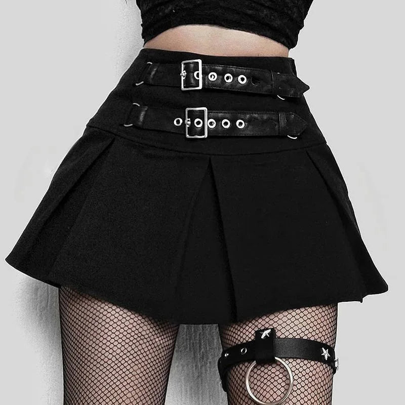 Goth Buckle Pleated Mini Skirt