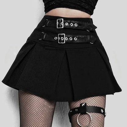 Goth Buckle Pleated Mini Skirt