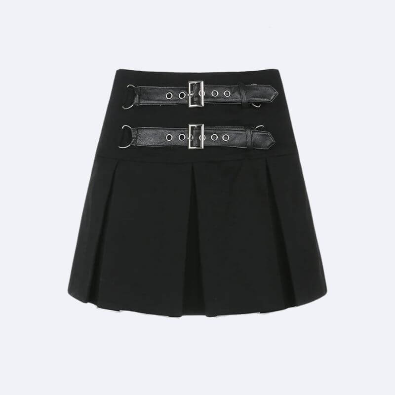 Goth Buckle Pleated Mini Skirt