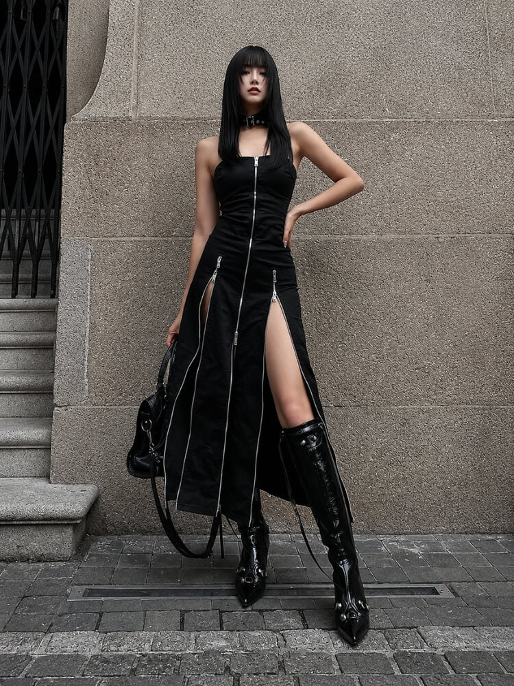 Goth Strapless Zipper Maxi Dress