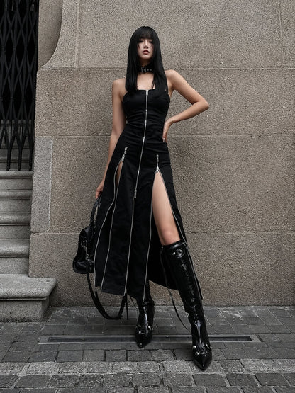 Goth Strapless Zipper Maxi Dress