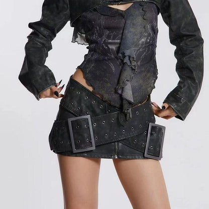 Faux Leather Mini Skirt with Grunge Cross Belt