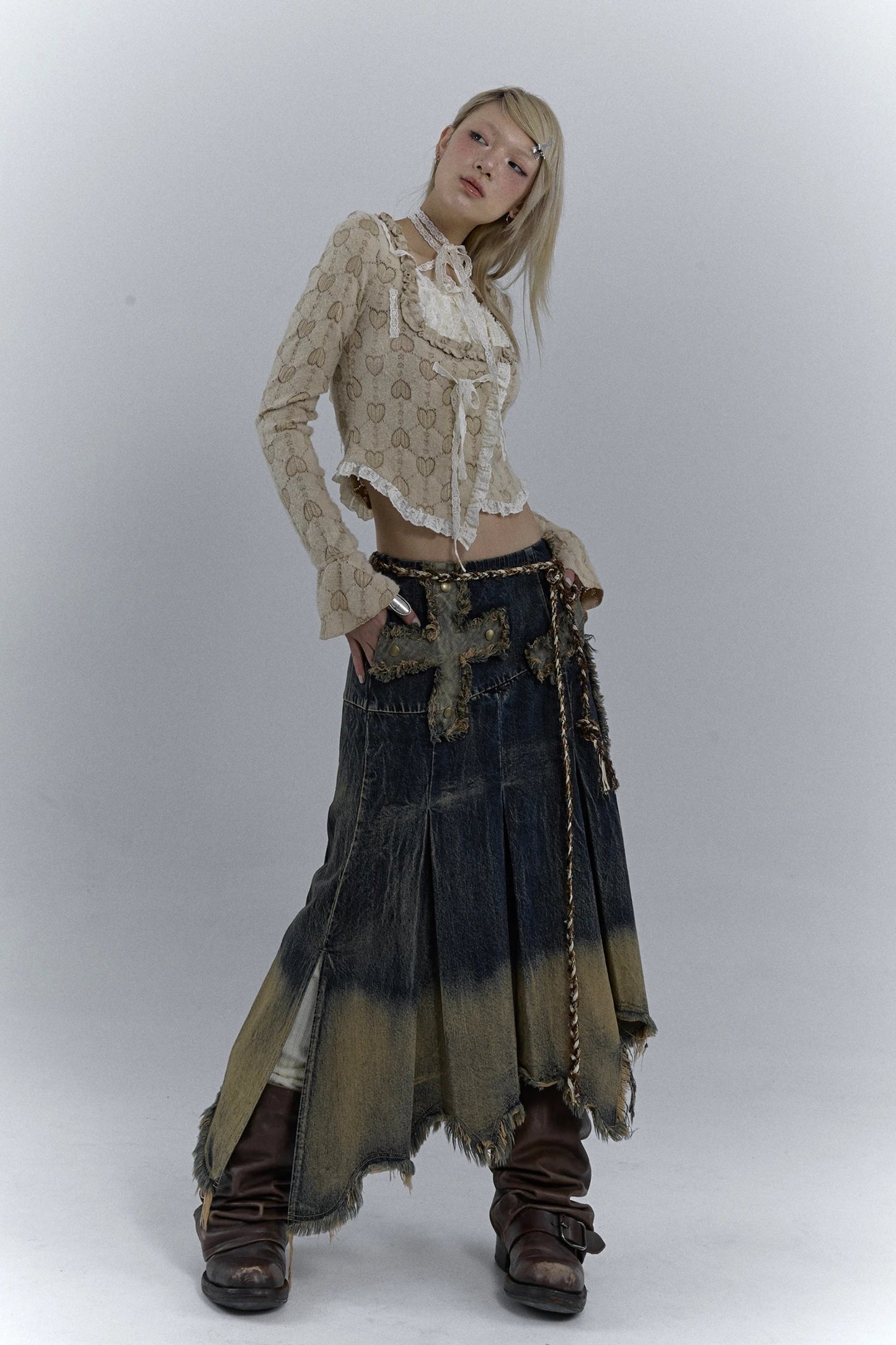 Chic Grunge Cross Patch Pleated Maxi Skirt for Trendy Style
