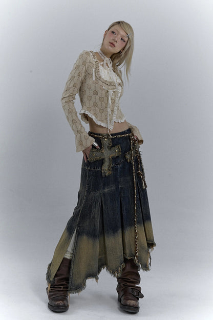 Chic Grunge Cross Patch Pleated Maxi Skirt for Trendy Style