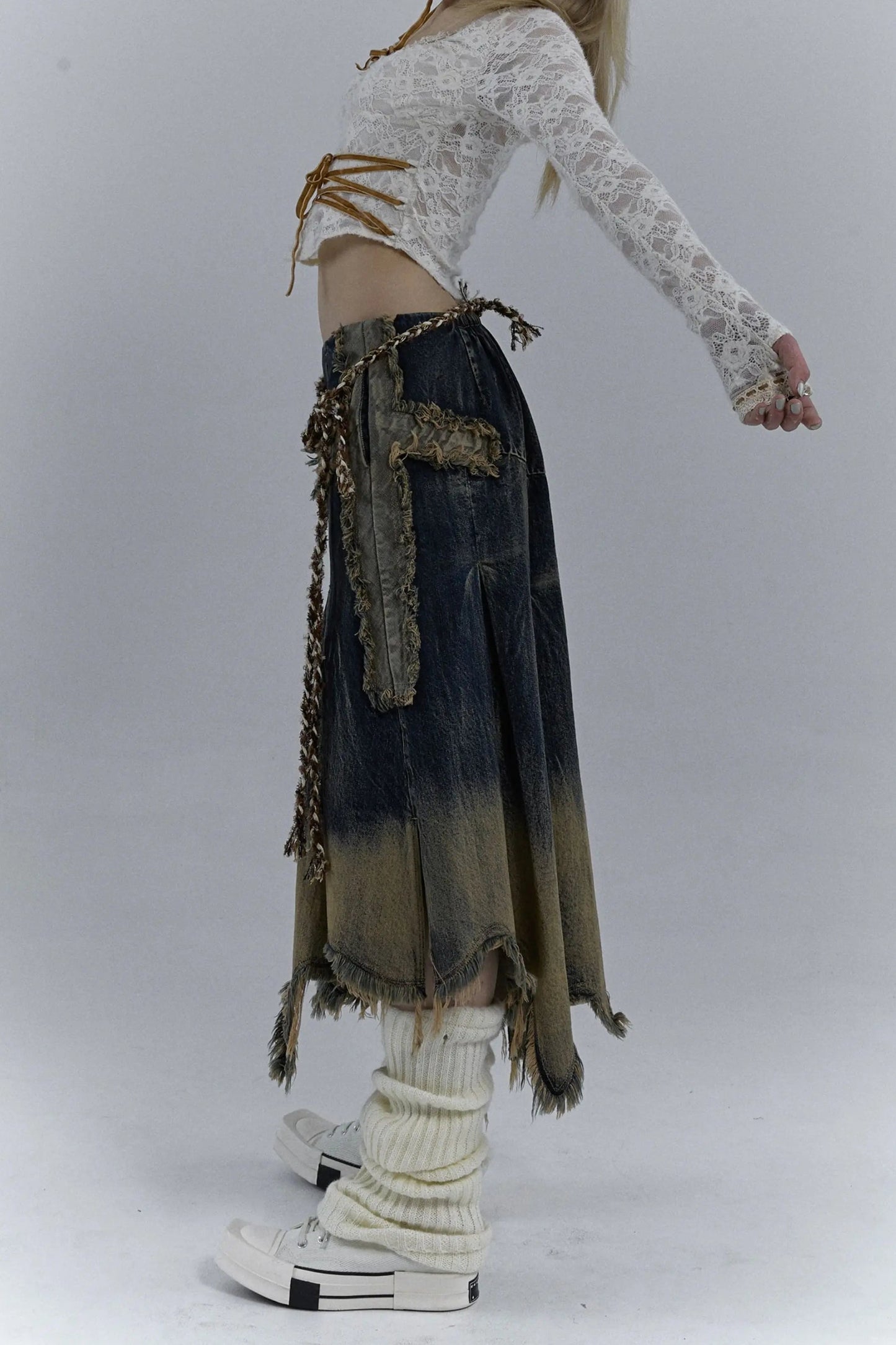 Chic Grunge Cross Patch Pleated Maxi Skirt for Trendy Style