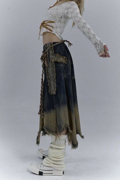 Chic Grunge Cross Patch Pleated Maxi Skirt for Trendy Style