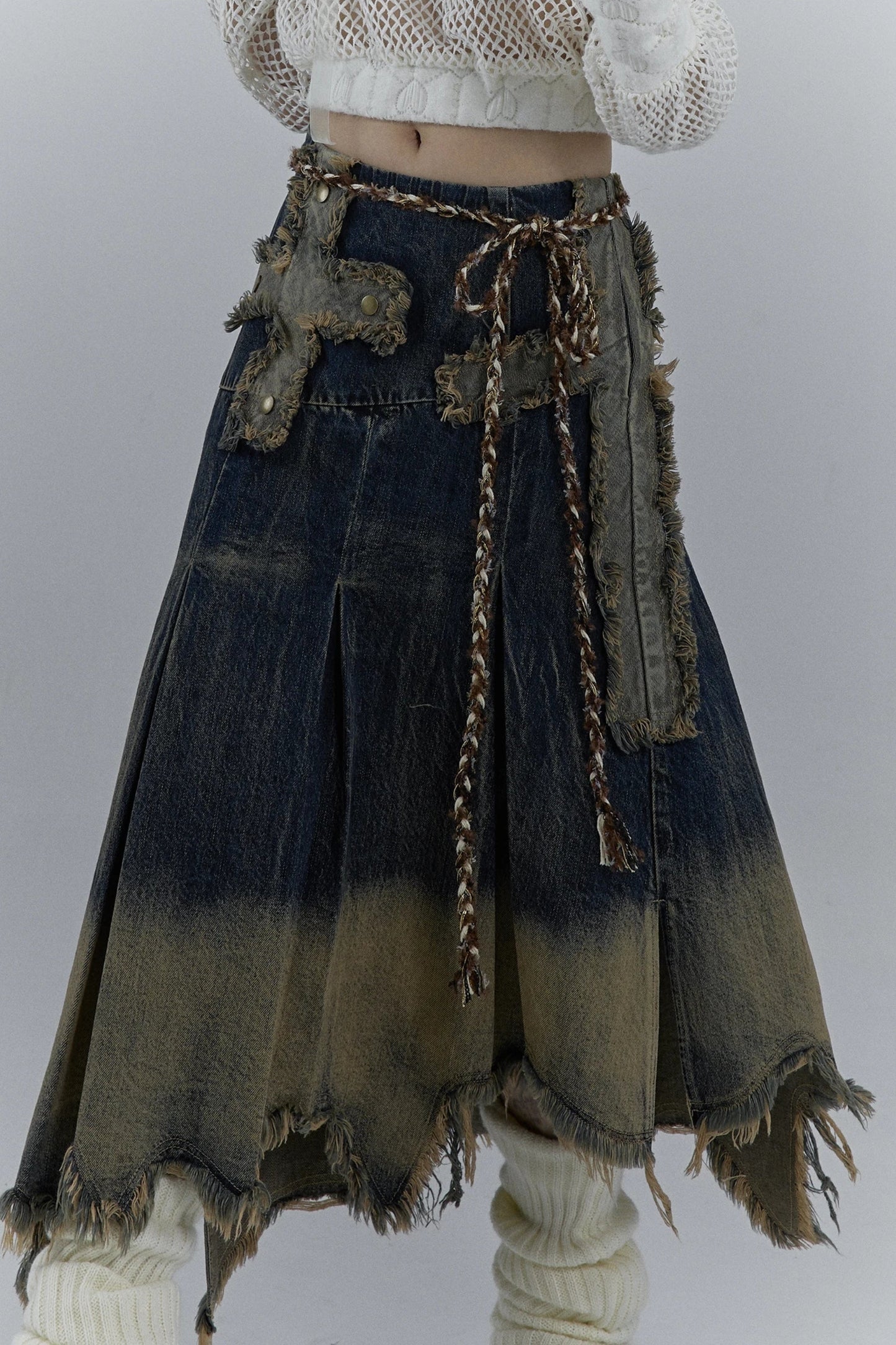 Chic Grunge Cross Patch Pleated Maxi Skirt for Trendy Style