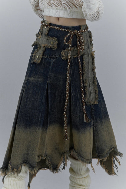 Chic Grunge Cross Patch Pleated Maxi Skirt for Trendy Style