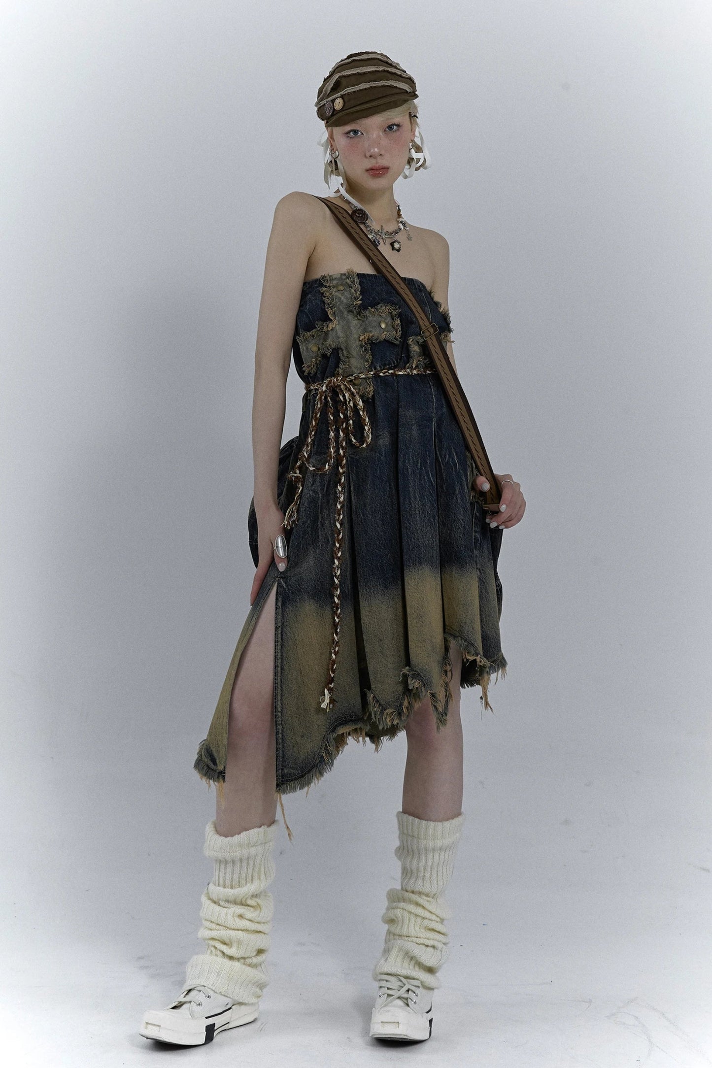 Chic Grunge Cross Patch Pleated Maxi Skirt for Trendy Style