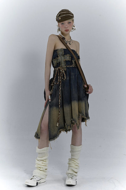 Chic Grunge Cross Patch Pleated Maxi Skirt for Trendy Style