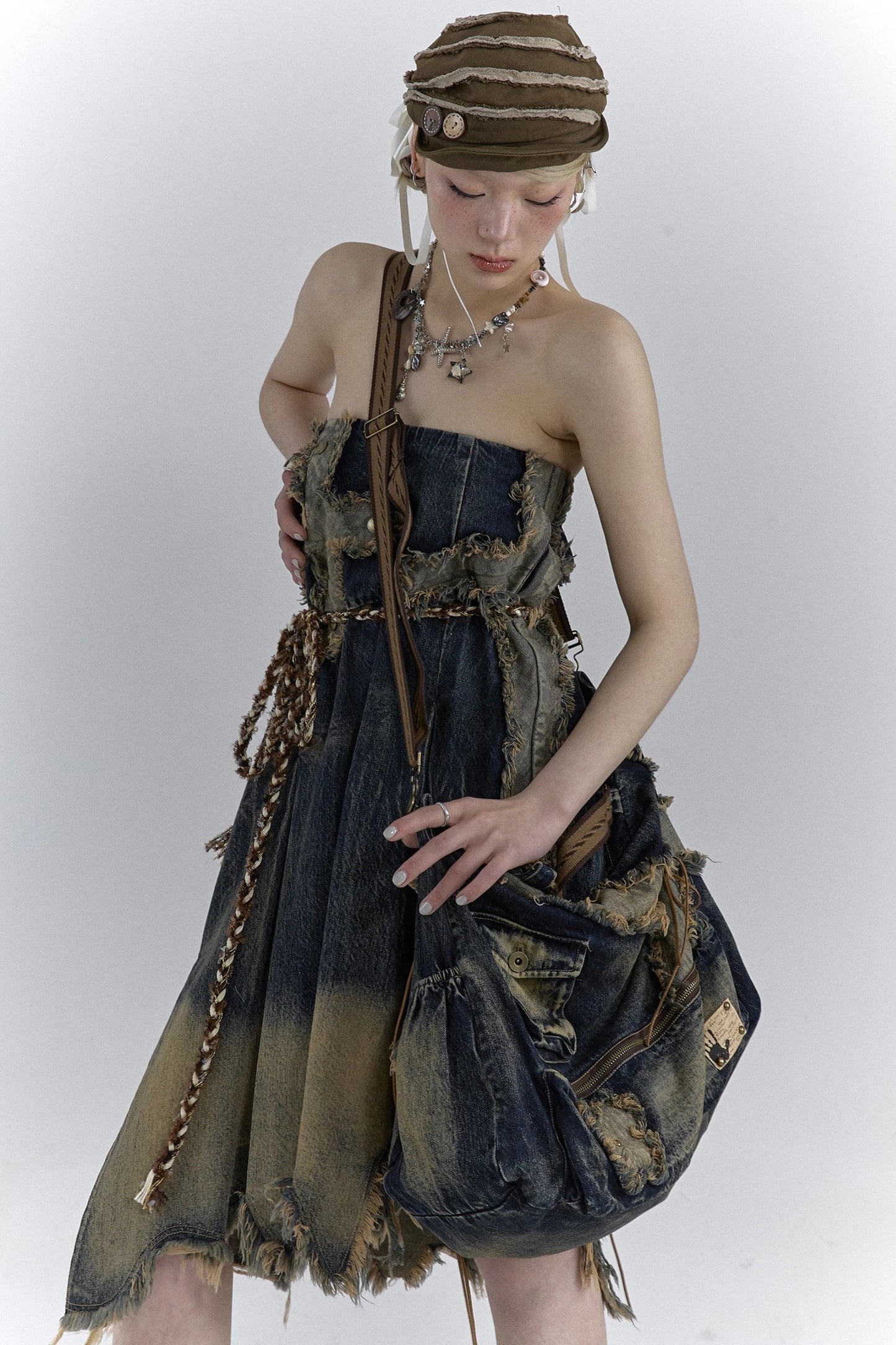 Chic Grunge Cross Patch Pleated Maxi Skirt for Trendy Style