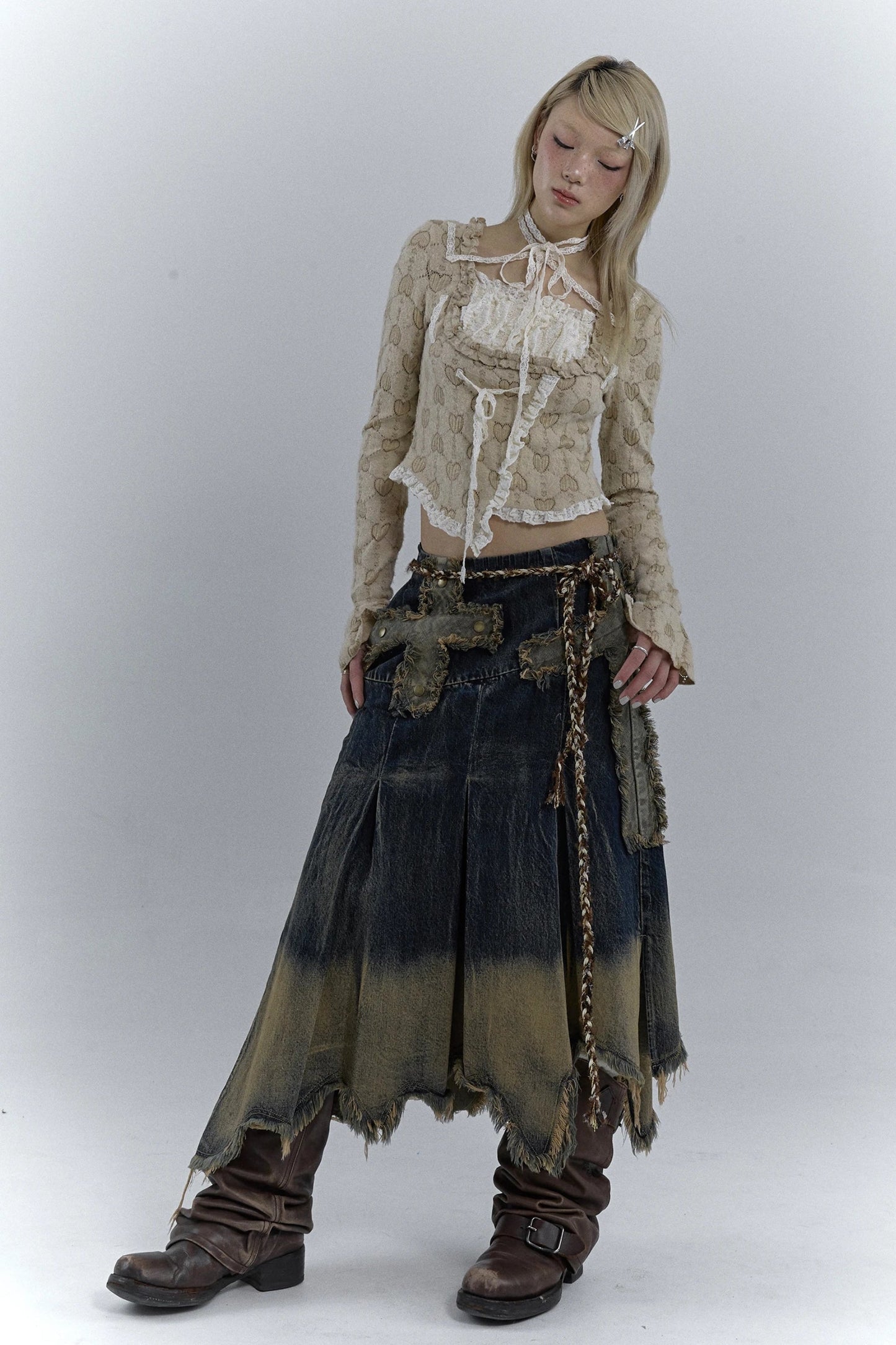 Chic Grunge Cross Patch Pleated Maxi Skirt for Trendy Style