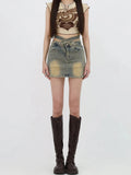 Grunge Denim Mini Skort with Cross Belt Design