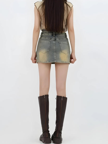 Grunge Denim Cross Belt Mini Skirt