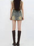 Grunge Denim Mini Skort with Cross Belt Design