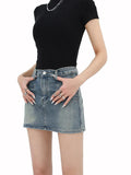 Grunge Denim Mini Skirt with Faux Pocket Design