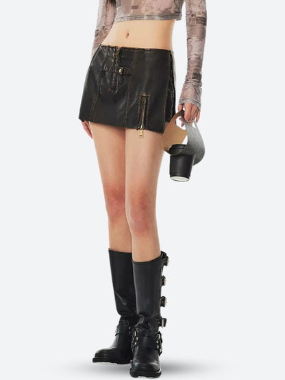 Grunge Faux Leather Mini Skort with Slit