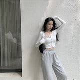 Button Thin Knitted Long Sleeve Crop Top