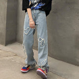 Love Embroidery Heart Jeans