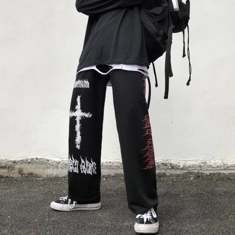 Model wearing the black Gothic Graphic Loose Pants 