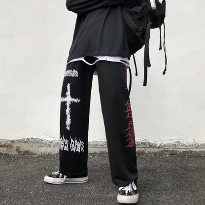 Model wearing the black Gothic Graphic Loose Pants 