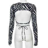 Long Sleeves Leopard Backless Slim Crop Top