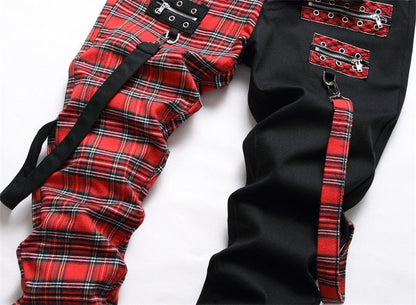 Red Patchwork Slim Denim Pants