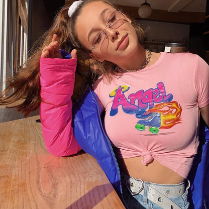 Model wearing the pink Angle Blaze Skate T-Shirt