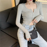 Button Thin Knitted Long Sleeve Crop Top