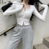 Button Thin Knitted Long Sleeve Crop Top