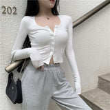 Button Thin Knitted Long Sleeve Crop Top